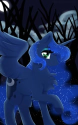 Size: 600x960 | Tagged: safe, artist:laps-sp, princess luna, alicorn, pony, chest fluff, forest, looking at you, moon, night, smiling, solo