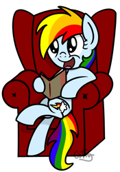 Size: 575x822 | Tagged: safe, artist:cuttycommando, rainbow dash, pegasus, pony, book, chair, rainbow dash presents, solo