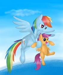 Size: 685x810 | Tagged: safe, artist:wings-dragon, rainbow dash, scootaloo, pegasus, pony, holding a pony, scootaloo can't fly, scootalove