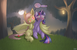 Size: 4000x2600 | Tagged: safe, artist:fluffyxai, derpibooru import, fluttershy, twilight sparkle, twilight sparkle (alicorn), alicorn, bat pony, pony, :t, apple, apple tree, bedroom eyes, belly button, chest fluff, colored pupils, covering crotch, ear tufts, eye contact, fangs, female, female symbol, flutterbat, frown, full moon, glowing eyes, grass, hug, imminent transformation, lantern, lesbian, lidded eyes, looking at each other, mare, moon, nervous, night, outdoors, pictogram, shipping, signature, sitting, slit eyes, smiling, smirk, spread wings, sweat, sweatdrop, sweet apple acres, tree, twishy, winghug, wings, worried