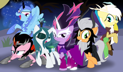 Size: 3900x2300 | Tagged: safe, artist:geraritydevillefort, derpibooru import, applejack, discord, fluttershy, king sombra, lord tirek, midnight sparkle, nightmare moon, pinkie pie, queen chrysalis, rainbow dash, rarity, twilight sparkle, twilight sparkle (alicorn), alicorn, changeling, changeling queen, equestria girls, friendship games, antagonist, clothes, costume, ethereal mane, galaxy mane, mane six, nightmare night costume