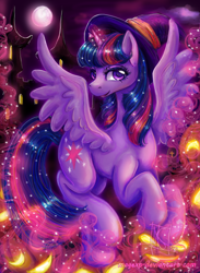 Size: 1280x1748 | Tagged: safe, artist:magexp, derpibooru import, twilight sparkle, twilight sparkle (alicorn), alicorn, pony, female, flying, hat, mare, moon, smiling, solo, witch hat