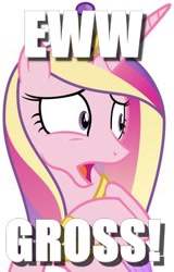 Size: 236x368 | Tagged: safe, princess cadance, alicorn, pony, disgusted, gross, image macro, juxtaposition bait, meme, reaction image