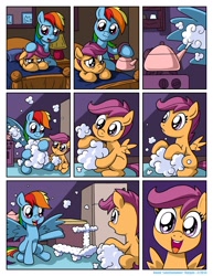 Size: 1276x1650 | Tagged: safe, artist:latecustomer, rainbow dash, scootaloo, pegasus, pony, comic:dreams and reality, bed, cloud, comic, cute, cutealoo, dreams and reality, duo, female, filly, happy, kettle, mare, sad, scootaloo can't fly, scootalove, scooter, steam