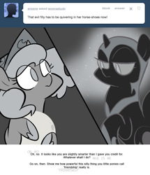 Size: 666x776 | Tagged: safe, artist:egophiliac, nightmare moon, princess luna, alicorn, pony, ask, cartographer's cap, dark woona, filly, grayscale, hat, lunar stone, monochrome, moonstuck, nightmare woon, tumblr, woona, younger