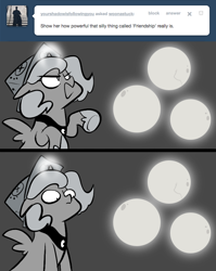 Size: 666x836 | Tagged: safe, artist:egophiliac, princess luna, alicorn, pony, ask, cartographer's cap, filly, grayscale, hat, lunar stone, magic, monochrome, moonstuck, solo, tumblr, woona, woonoggles, younger