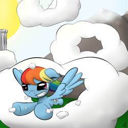 Size: 1024x1024 | Tagged: safe, artist:chaikeon, rainbow dash, pegasus, pony, cloud, cloudsdale, cloudy, flying, morning, mountain