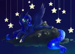 Size: 1280x922 | Tagged: safe, artist:vincher, princess luna, alicorn, pony, cloud, prone, solo, spread wings, stars