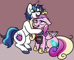 Size: 1070x869 | Tagged: safe, artist:/d/non, princess cadance, shining armor, alicorn, pony, unicorn, 30 minute art challenge, female, glowing horn, hug, husband and wife, magic, male, mare, married couple, mug, pregnant, sitting, stallion, telekinesis, unshorn fetlocks