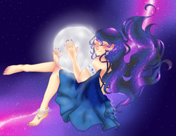 Size: 2377x1849 | Tagged: safe, artist:marshmel-chan, princess luna, human, barefoot, ear piercing, earring, eyes closed, feet, humanized, jewelry, moon, piercing, pony bigger than a planet, smiling, solo, stars, tangible heavenly object