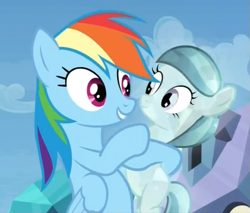 Size: 649x552 | Tagged: safe, screencap, rainbow dash, crystal pony, pegasus, pony, games ponies play, filly, glass slipper, hug