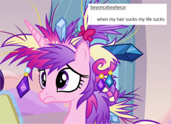 Size: 598x434 | Tagged: safe, princess cadance, alicorn, pony, games ponies play, bad hair, comments, messy mane, solo, tumblr, tumblr fandom text posts