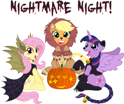 Size: 10000x8416 | Tagged: safe, artist:kysss90, artist:salemcat, derpibooru import, applejack, fluttershy, twilight sparkle, twilight sparkle (alicorn), alicorn, bat pony, cat, pony, scare master, absurd resolution, applelion, clothes, costume, cutie mark, female, flutterbat, flutterbat costume, jack-o-lantern, mare, nightmare night, nightmare night costume, pumpkin, simple background, transparent background, twilight cat, vector