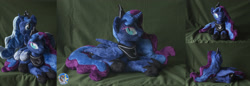 Size: 2919x1000 | Tagged: safe, artist:essorille, princess luna, alicorn, pony, irl, nightmare luna, photo, plushie, prone, smiling