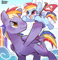 Size: 800x835 | Tagged: safe, artist:suikuzu, rainbow blaze, rainbow dash, pegasus, pony, blushing, cute, dashabetes, father and child, father and daughter, female, filly, filly rainbow dash, flag, male, open mouth, parent and child, smiling, stallion