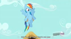 Size: 851x468 | Tagged: safe, screencap, rainbow dash, pegasus, pony, games ponies play, blue coat, female, mare, multicolored mane, solo, youtube caption