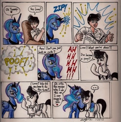 Size: 2337x2352 | Tagged: safe, artist:newyorkx3, princess luna, oc, oc:tommy, alicorn, earth pony, human, pony, ..., blushing, comic, dialogue, equestria daily, female, heart, human to pony, male, mare, newspaper, ponified, ponysona, self insert, self portrait, stallion, this will end in snuggles, traditional art, transformation