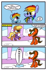 Size: 2362x3543 | Tagged: safe, artist:joeywaggoner, ms. harshwhinny, rainbow blaze, rainbow dash, earth pony, pegasus, pony, games ponies play, cloudsdale, comic, falling through clouds, filly, fridge logic, misspelling, watch that first step it's a lulu