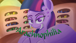 Size: 1920x1080 | Tagged: safe, artist:purpleblackkiwi, derpibooru import, twilight sparkle, monster pony, spider, arachnophilia, bedroom eyes, creature, spi twi