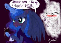 Size: 4823x3445 | Tagged: safe, artist:darkest-lunar-flower, princess luna, alicorn, pony, absurd resolution, alcohol, cute, drunk, drunk luna, lunabetes, solo, spread wings