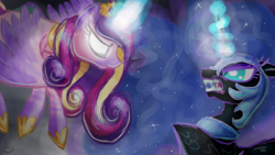 Size: 800x450 | Tagged: safe, artist:sallindaemon, nightmare moon, princess cadance, alicorn, pony, glowing eyes, magic