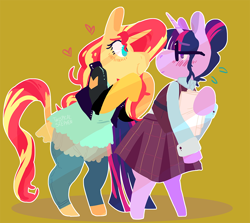 Size: 1000x893 | Tagged: safe, artist:stevetwisp, derpibooru import, sci-twi, sunset shimmer, twilight sparkle, pony, unicorn, equestria girls, friendship games, bipedal, blushing, clothes, cute, equestria girls ponified, female, glasses, heart, lesbian, ponified, scitwishimmer, shipping, sunsetsparkle, unicorn sci-twi