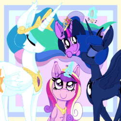 Size: 1500x1500 | Tagged: safe, artist:dragonpone, derpibooru exclusive, princess cadance, princess celestia, princess luna, twilight sparkle, twilight sparkle (alicorn), alicorn, pony, alicorn tetrarchy, animated, bell, big crown thingy, cat bell, chest fluff, ear fluff, eye shimmer, eyes closed, gif, hammerspace hair, jewelry, levitation, magic, music notes, prehensile mane, regalia, smiling, spread wings, telekinesis, tongue out