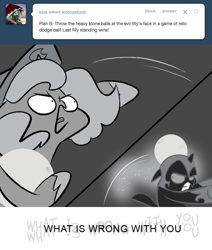 Size: 666x785 | Tagged: safe, artist:egophiliac, nightmare moon, princess luna, alicorn, pony, ask, cartographer's cap, dark woona, filly, grayscale, hat, lunar stone, monochrome, moonstuck, nightmare woon, throwing, tumblr, woona, woonoggles, younger