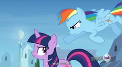 Size: 849x467 | Tagged: safe, screencap, rainbow dash, twilight sparkle, pegasus, pony, games ponies play, youtube caption