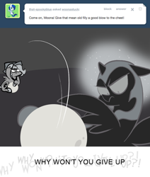 Size: 666x785 | Tagged: safe, artist:egophiliac, nightmare moon, princess luna, alicorn, pony, ask, cartographer's cap, dark woona, filly, grayscale, hat, lunar stone, monochrome, moonstuck, nightmare woon, throwing, tumblr, woona, woonoggles, younger