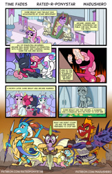 Size: 1280x1978 | Tagged: safe, artist:wadusher0, garble, princess cadance, princess ember, princess flurry heart, spike, oc, oc:arcane, oc:shine bright, alicorn, dragon, pony, comic:time fades, comic, crying, funeral, mortality blues