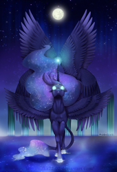 Size: 1216x1792 | Tagged: safe, artist:nifka22-02, princess luna, alicorn, classical unicorn, pony, cloven hooves, floppy ears, glowing eyes, leonine tail, magic, mare in the moon, moon, multiple wings, ripple, solo, spread wings, unshorn fetlocks, water