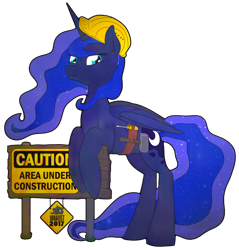 Size: 1280x1338 | Tagged: safe, artist:charrez, princess luna, alicorn, pony, belt, bipedal, bipedal leaning, caution sign, cutie mark, hammer, hard hat, hat, leaning, looking at you, rearing, screwdriver, sign, simple background, solo, toolbelt, transparent background, warning sign