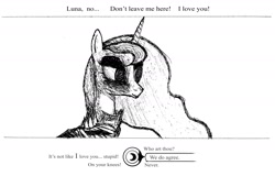 Size: 2000x1276 | Tagged: safe, artist:plotcore, princess luna, alicorn, pony, dialogue wheel, monochrome, solo