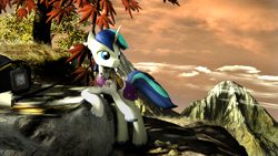 Size: 3840x2160 | Tagged: safe, artist:whiteskyline, shining armor, pony, unicorn, 3d, armor, digital art, high res, male, mountain, scenery, solo, source filmmaker, stallion, tree