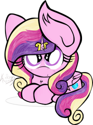 Size: 1708x2293 | Tagged: safe, artist:kelsey139, princess cadance, alicorn, pony, chibi, prone, solo