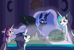 Size: 3000x2016 | Tagged: safe, artist:jolliapplegirl, nightmare moon, princess cadance, princess celestia, shining armor, alicorn, pony, unicorn, alternate timeline, alternate universe, crystal war timeline, dark star au, darkness, female, male, mare, scar, stallion, story in the source, story included