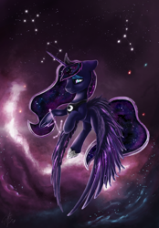 Size: 1600x2300 | Tagged: safe, artist:cryptic-dash, princess luna, alicorn, pony, constellation, flying, galaxy mane, night, smiling, solo, space, stars