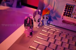 Size: 1600x1063 | Tagged: safe, rainbow dash, rarity, twilight sparkle, pegasus, pony, unicorn, flash drive, mimobot, photo, usb