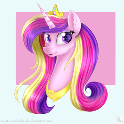 Size: 700x700 | Tagged: safe, artist:swanlullaby, princess cadance, alicorn, pony, bust, female, jewelry, looking at you, portrait, smiling, solo, three quarter view