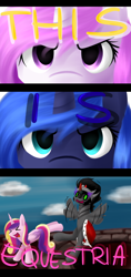 Size: 850x1800 | Tagged: safe, artist:avialexis25, king sombra, princess cadance, princess celestia, princess luna, alicorn, pony, unicorn, bucking, comic, eyes closed, flailing, glare, open mouth, smiling, this is sparta, wide eyes