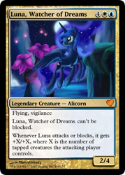 Size: 375x523 | Tagged: safe, artist:marcylin1023, edit, princess luna, alicorn, pony, do princesses dream of magic sheep, dream, luna's dream, magic the gathering, surreal, trading card, trading card edit