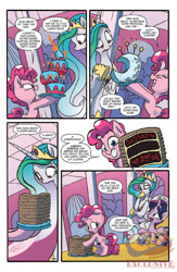 Size: 900x1384 | Tagged: safe, artist:jay fosgitt, derpibooru import, idw, pinkie pie, princess celestia, twilight sparkle, twilight sparkle (alicorn), alicorn, earth pony, pony, spoiler:comic, spoiler:comicff22, cake, female, mare, preview