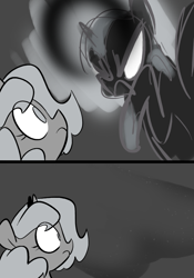 Size: 666x950 | Tagged: safe, artist:egophiliac, nightmare moon, princess luna, alicorn, pony, angry, ask, dark woona, filly, frown, glare, grayscale, monochrome, moonstuck, nightmare woon, raised hoof, surprised, tumblr, wide eyes, woona, younger