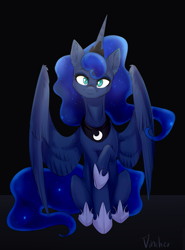 Size: 1495x2017 | Tagged: safe, artist:vincher, princess luna, alicorn, pony, black background, heart eyes, looking at you, raised hoof, simple background, sitting, smiling, solo, spread wings, wing fluff, wingding eyes