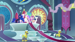 Size: 1920x1080 | Tagged: safe, screencap, princess cadance, princess celestia, princess flurry heart, princess luna, shining armor, alicorn, pony, unicorn, season 8, spoiler:s08, canterlot throne room, ethereal mane, female, intro, male, mare, royal family, stallion, throne