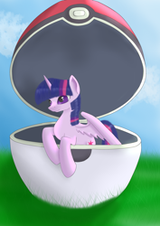 Size: 2480x3507 | Tagged: safe, artist:fia94, derpibooru import, twilight sparkle, twilight sparkle (alicorn), alicorn, pony, crossover, cute, female, mare, pokéball, pokémon, solo