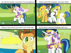 Size: 1024x763 | Tagged: safe, artist:didgereethebrony, braeburn, flash sentry, princess flurry heart, shining armor, pony, unicorn, comic:waltzing matilda, banjo patterson, captain armor and guard sentry, comic, royal guard, vectors used, waltzing matilda