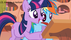 Size: 1280x720 | Tagged: safe, artist:somepony, rainbow dash, twilight sparkle, pegasus, pony, feather, female, golden oaks library, image macro, lesbian, shipping, twidash