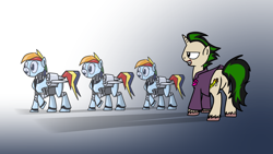 Size: 2000x1125 | Tagged: safe, artist:petirep, rainbow dash, pegasus, pony, robot, clothes, grin, ponified, rainbow dash presents, raised hoof, smirk, the jokermort